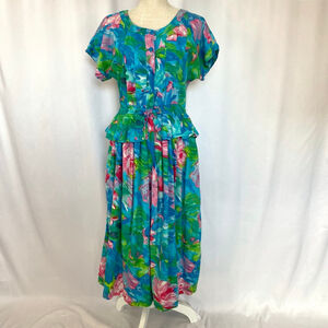 Vintage 80s Tropical Dress by Phool Floral Ruffles Women's Sz L or M
